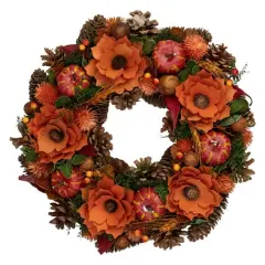 13.25'' Unlit Autumn Harvest Orange Flowers and Gourds Pine Cone Wreath