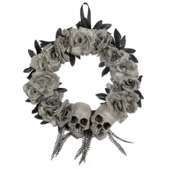 16" Double Skull & Gray Roses Halloween Wreath