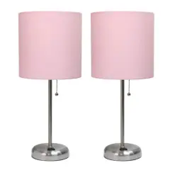 LimeLights 19.5" Brushed Steel Base Lamps with Charging Outlets, 2ct. Light Pink