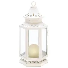 10.5" White Metal Victorian Lantern with Floral Cutouts