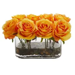 5.5" Blooming Roses in Glass Vase Orange Yellow