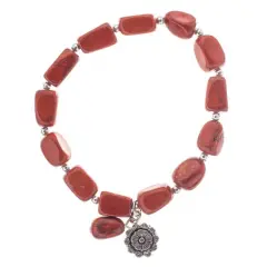 John Bead Red Jasper Stretch Bracelet with Flower Charm
