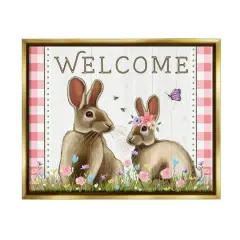 Stupell Industries Welcome Plaid Spring Garden Rabbits Floater Framed Art Gold