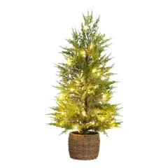 32in. Pre-Lit Artificial Lightly Snowed Cypress Christmas Tree with 30 Warm White LED Lights in Decorative Weaved Basket