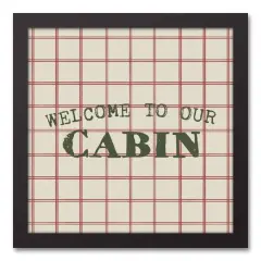 Welcome To Our Cabin Red and Cream Check Canvas Wall Art in Black Frame