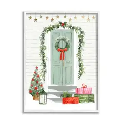 Stupell Industries Christmas Presents Wreath Doorstep Framed Giclee Art White