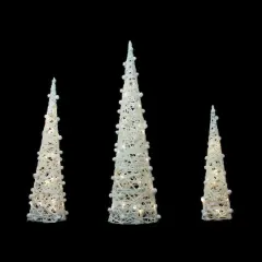 23.5", 31.25", & 39.25" Pre-Lit White & Silver Cone Artificial Christmas Tree Set, Clear LED Lights