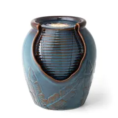 Glitzhome&reg; 9.25" LED Turquoise Leaf Textured Ceramic Jar Tabletop Fountain