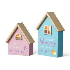 Glitzhome&reg; Lighted Easter Wooden House-Shaped Table D&eacute;cor Set