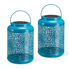 Glitzhome&reg; 8.75" Metal Cutout Solar Powered Hanging Lantern Set Blue