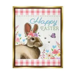Stupell Industries Happy Easter Floral Gingham Rabbit Floater Framed Art Gold