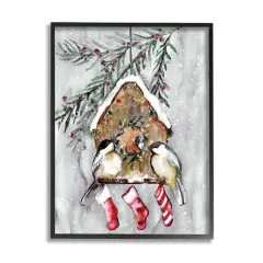 Stupell Industries Holiday Stockings Birdhouse Perched Framed Giclee Art Black