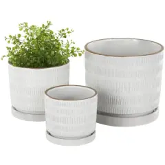 White Linear & Dotted Pattern Ceramic Planter Set