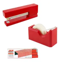 JAM Paper Stapler, Tape Dispenser & Staples Office Trio Kit Red