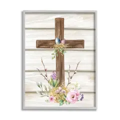 Stupell Industries Spiritual Easter Cross Spring Blossoms Framed Giclee Art Gray
