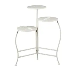 24" White Metal Folding 3-Tier Plant Stand with Dragonfly & Star Cutouts