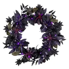 24" Scare in the Air Purple & Black Flower Halloween Pre-Lit LED Wreath