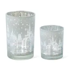 Glitzhome&reg; Christmas Building Glass Candle Holder Set