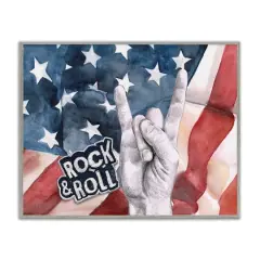 Stupell Industries Rock And Roll Hand And American Flag Design Framed Giclee Art Gray