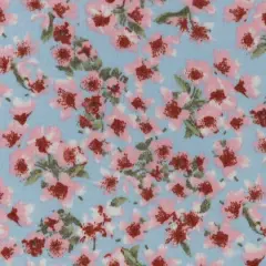 Fabric Merchants Pink Flowers on Blue Double Brushed Stretch Fabric