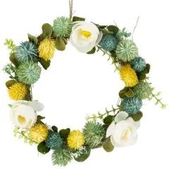 9" Cream Rose, Green & Yellow Thistle Hanging Spring Wreath