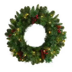 20" White LED Lights Frosted Pine Artificial Christmas Wreath With Pinecones & Berries