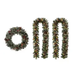 Glitzhome&reg; 24" Pre-Lit Glittered Pinecone Christmas Wreath & Matched 9ft. Garlands Set