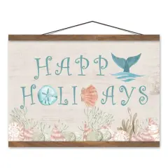 Happy Holidays Teak Hanging Canvas