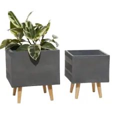Set of 2 Grey Polystone Contemporary Planter, 13", 15"