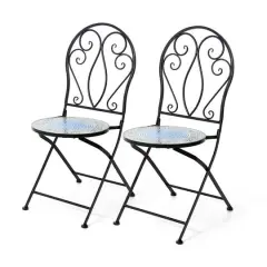 Glitzhome&reg; 36.5" Green Outdoor Metal Folding Bistro Chairs with Ceramic Tiles Seat, 2ct.