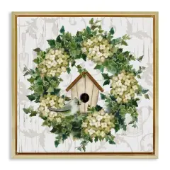 Stupell Industries Spring Birdhouse Wreath Floater Framed Art Gold