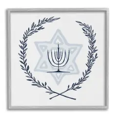 Stupell Industries Hanukkah Menorah Botanical Laurel Framed Giclee Art Gray