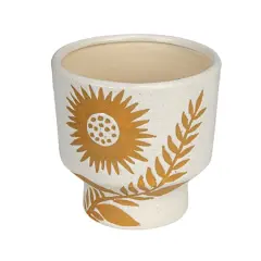 Hello Honey&reg; 5.5" White & Mustard Reactive Glaze Flower Stoneware Footed Planter