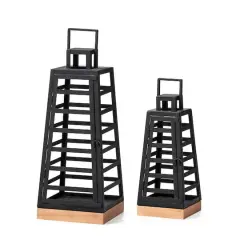 Glitzhome&reg; Black Modern Trapezoid Metal & Wood Lanterns Set