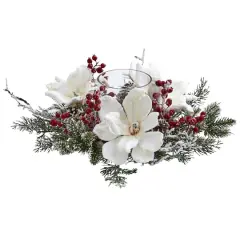 17" Frosted Magnolia & Berry Artificial Arrangement Candelabrum