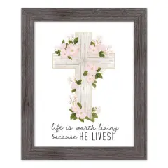 He Lives Floral Cross 16" x 20" Western Gray Framed Print