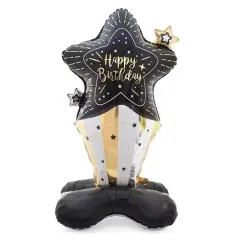 Wizardi Black & Gold Star Happy Birthday Standing Foil Balloon Decoration