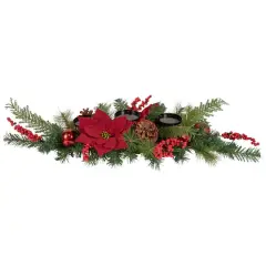32" Artificial Mixed Pine Berries & Poinsettia Christmas Candle Holder Centerpiece