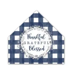 Thankful Blue Plaid House Shaped Canvas Wall Art