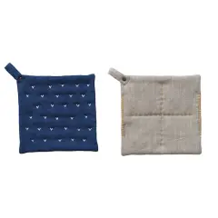 Hello Honey&reg; Blue & Gray Hand-Embroidered Cotton Slub Pot Holders Set