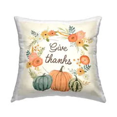 Stupell Industries Give Thanks Orange Pumpkin Flower Wreath Throw Pillow