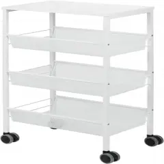 White 3-Tier Kitchen Storage Rolling Utility Cart with Wood Top