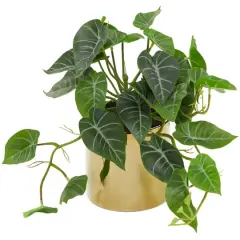 14" Green Faux Foliage Pothos Artificial Plant With Gold Porcelain Pot