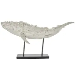 32" Cream Polystone Whale Sculpture with Brown Distressing & Black Metal Stand