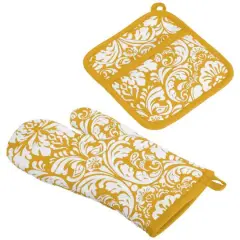 DII&reg; Damask Oven Mitt & Potholder Set Mustard