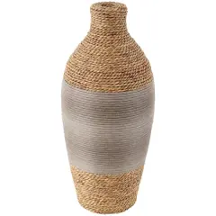 19" Brown Seagrass Handmade Wrapped Vase with Layered Gray Paneling