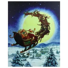 LED Back Lit Flying Santa Claus & Sleigh Christmas Wall Art