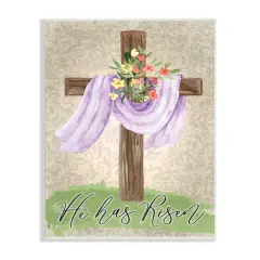 Stupell Industries He Has Risen Spring Floral Cross Brown Damask Pattern Wall Plaque Art