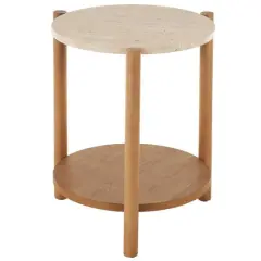 20.25" Brown Wood Handmade Round Side End Accent Table with Beige Marble Top