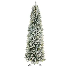 8ft. Pre-Lit Slim Flocked Montreal Fir Artificial Christmas Tree, White LED Lights